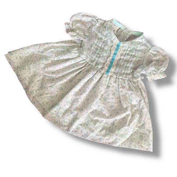 VTG Polly Flinders Toddler 3 Hand Smocked Floral Dress Blouse Blue Buttons Girly - Picture 1 of 8